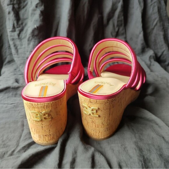 Sam Edelman Puffy Satin Pink Fuschia Strappy Wedge Espadrille Sandals Size 7.5 - Picture 4 of 7